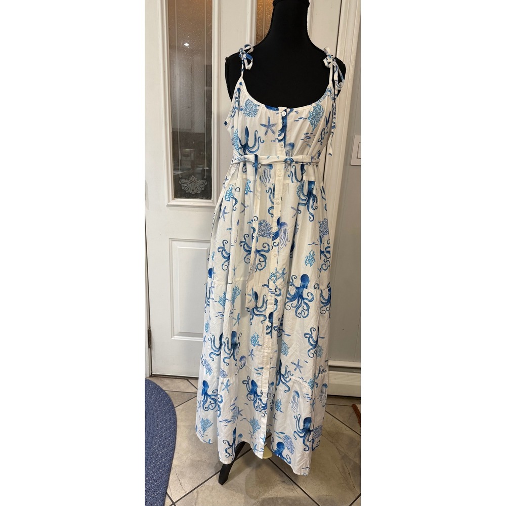 Kiel James Patrick Octopus Silk Cotton Maxi Dress White Blue Nautical XXL NWT